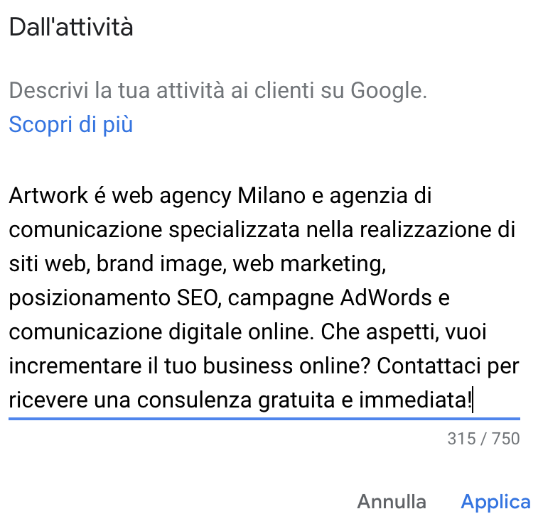 descrizione Google My Business
